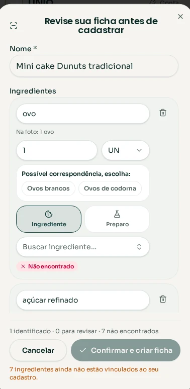 Tela de confer&ecirc;ncia do UNIQ no celular, com o nome da ficha, os ingredientes lidos e as op&ccedil;&otilde;es de vincular ou cadastrar cada item