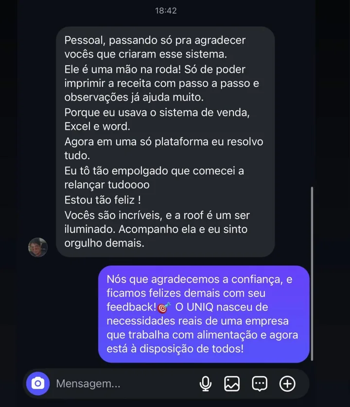Print de Instagram: cliente conta que usava sistema de venda, Excel e Word e agora resolve tudo numa plataforma só