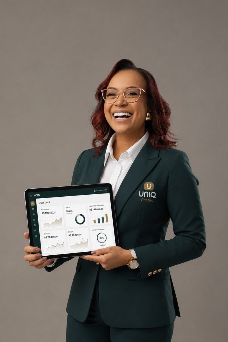 Rôof França, fundadora da Confeitaria Rôof, com o blazer UNIQ segurando o tablet com o dashboard da plataforma