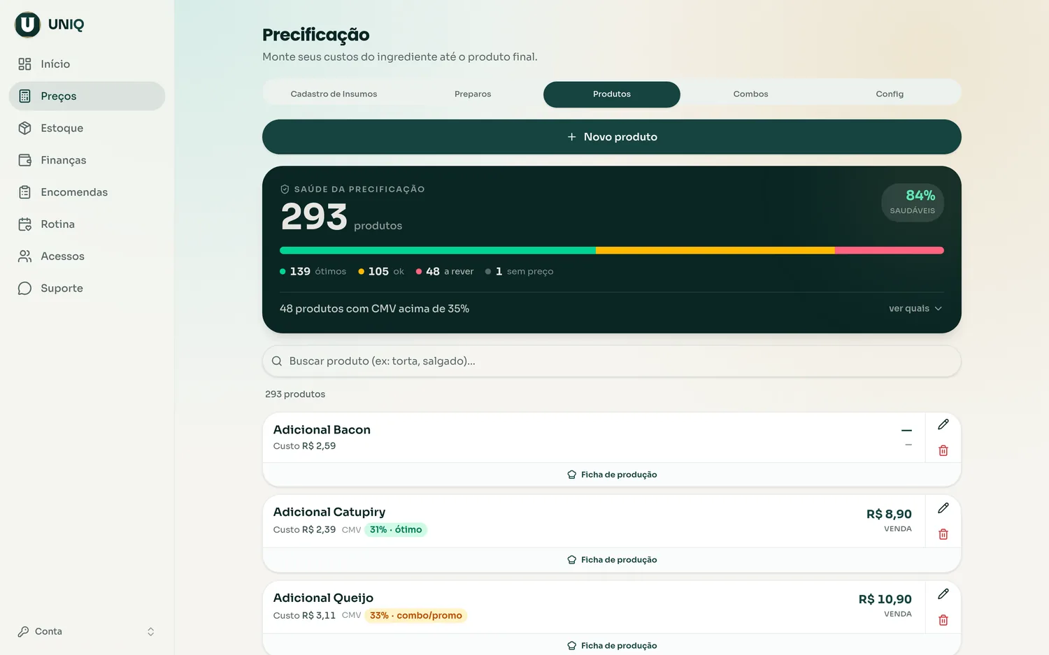 Tela de Precificação do UNIQ com saúde da precificação, custo e CMV de cada produto